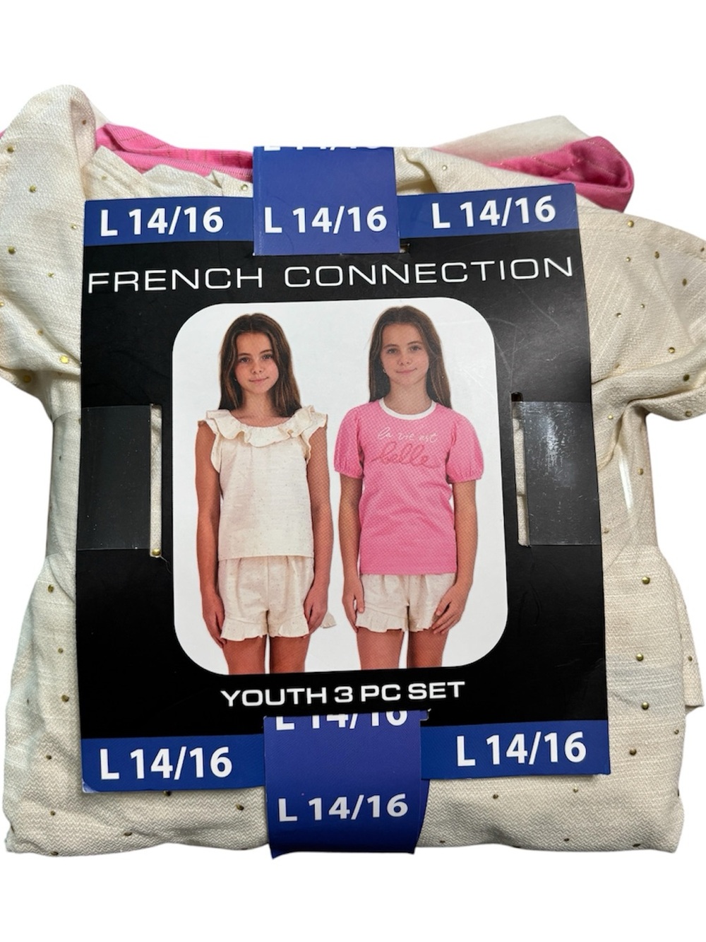 French Connection Yourh Kids 3-Piece Tee Set - Pink & Tan Size L 14/16 NWT